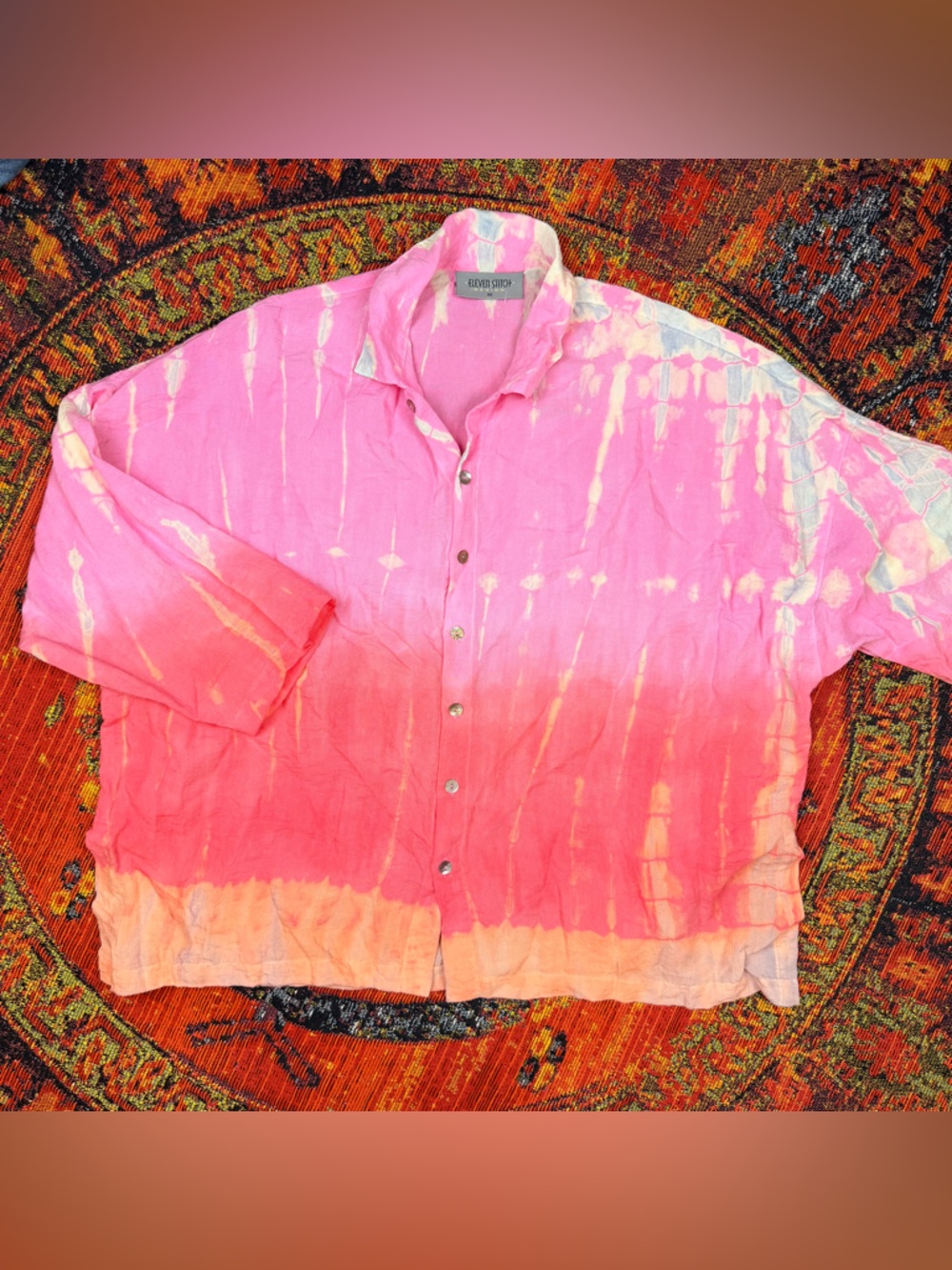 Y2K Eleven Stitch Pink Tie Dye Rayon Blend Shirt Boho Festival Top